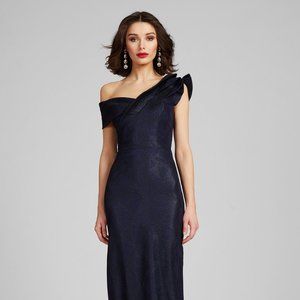 Teri Jon METALLIC JACQUARD RUFFLE GOWN